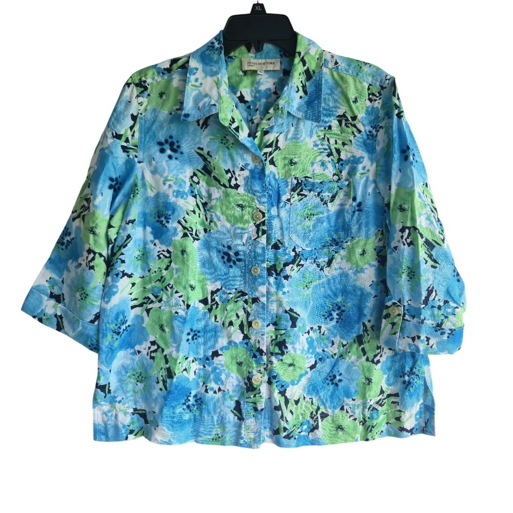 Jones New York Sport Womens L Blue Green Floral 100% Linen Button Front Shirt